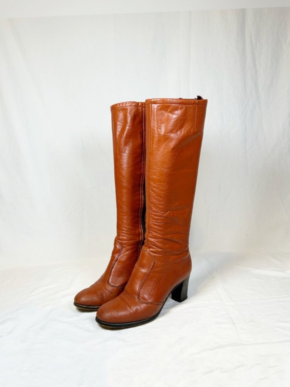 Vintage 70s Burnt Orange Leather Boho Knee High Go Go Boots~6~